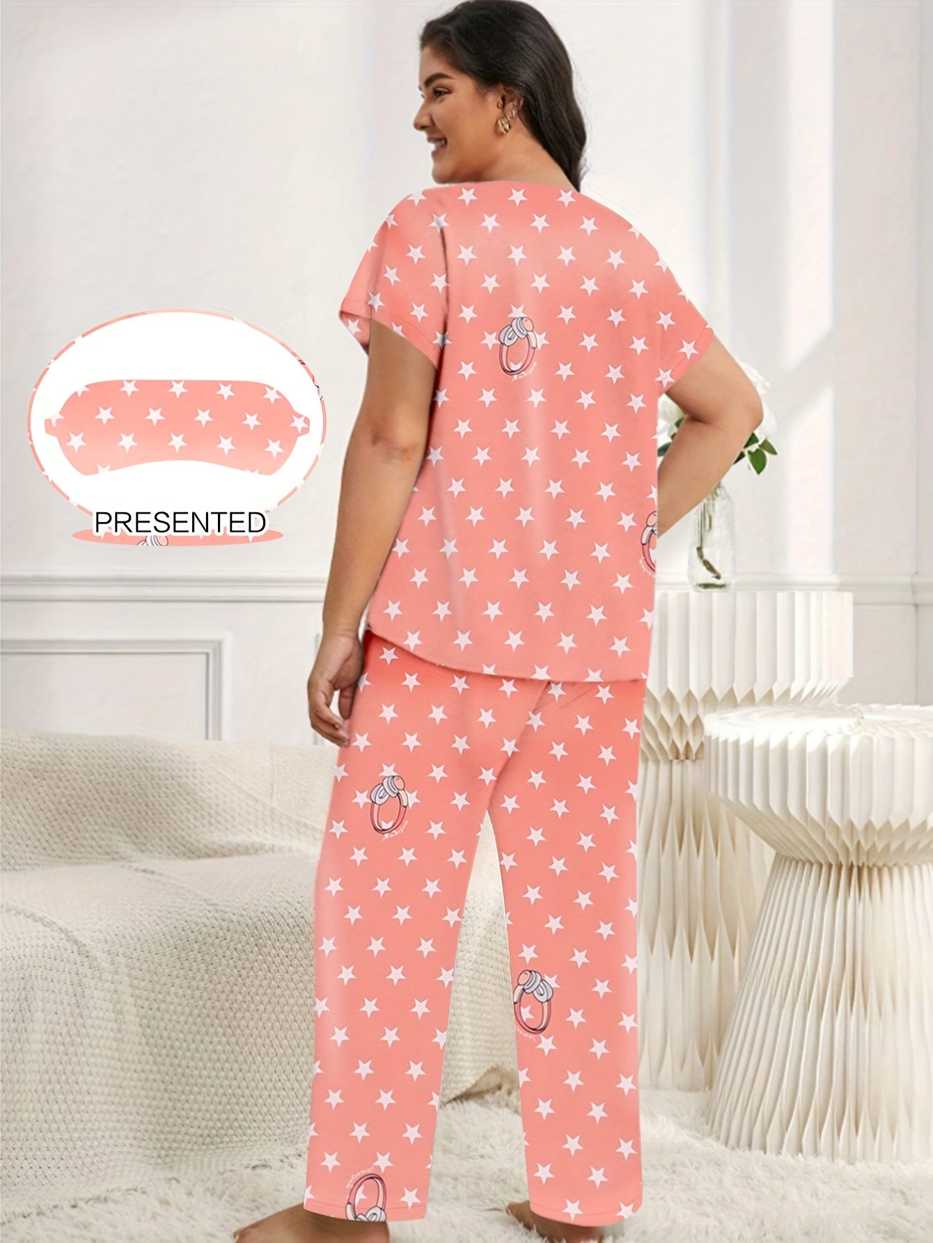 Casual Pajama Set Women's Plus Star & Ring Print Tee & Pants