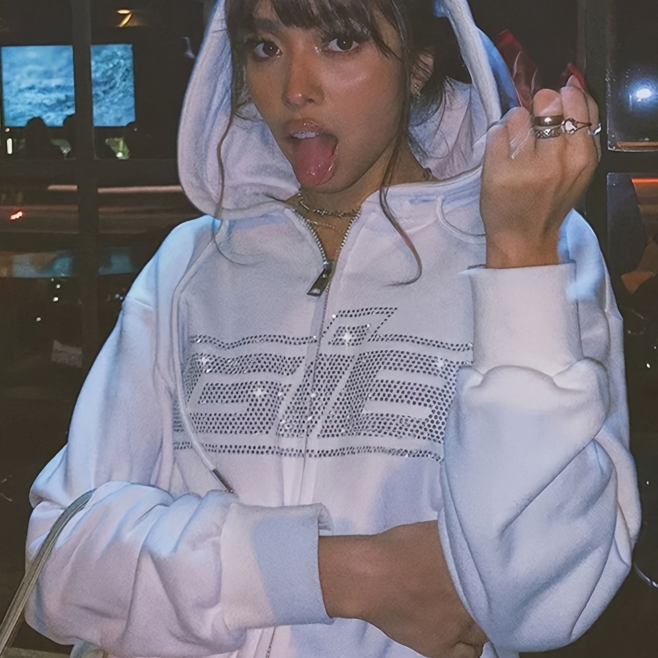 Solid Letter Print Drawstring Long Sleeve Hoodie