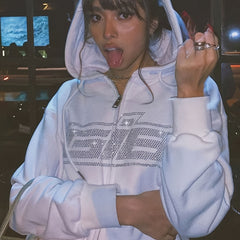 Solid Letter Print Drawstring Long Sleeve Hoodie