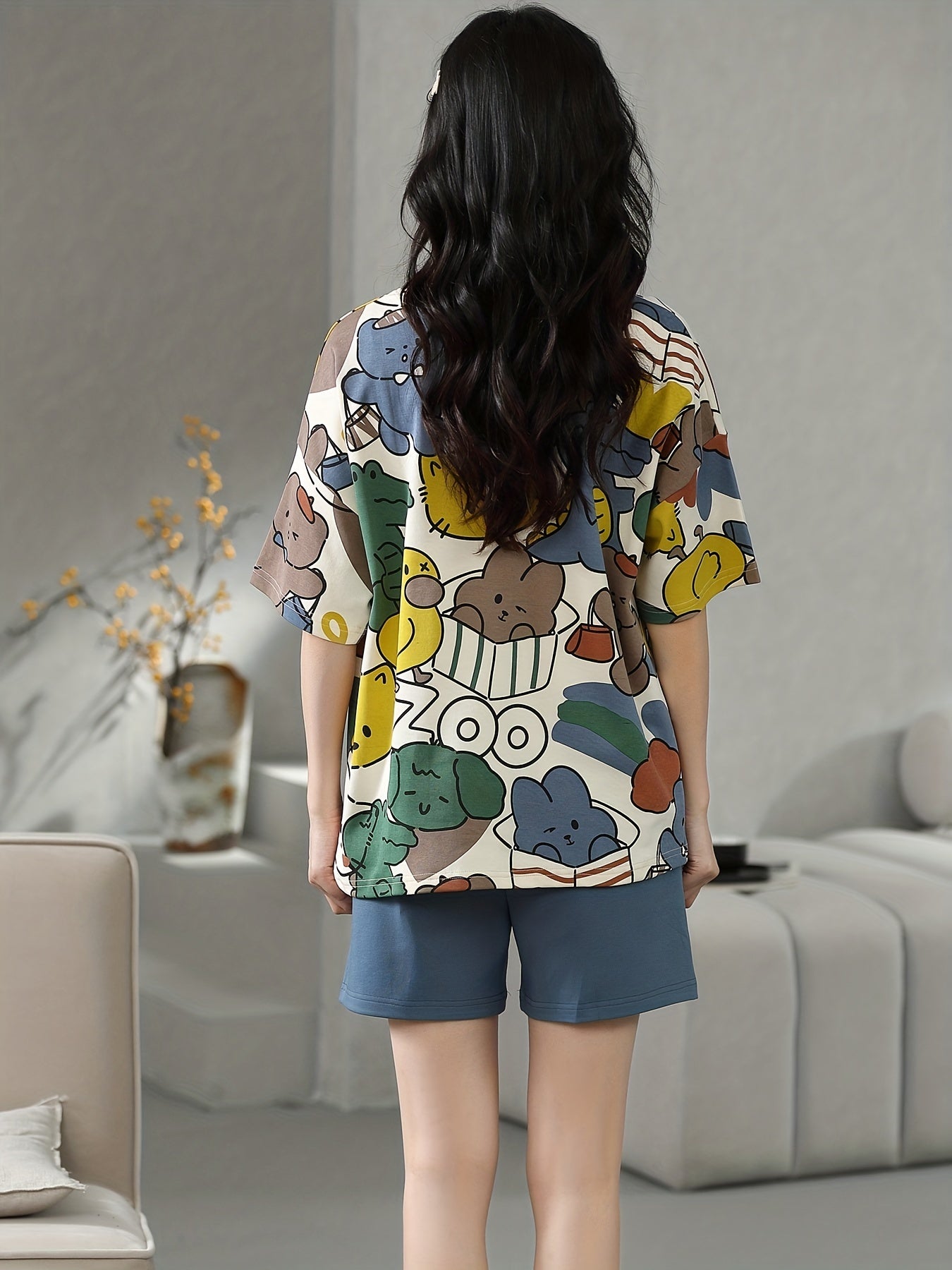 Cartoon Print Pajama Set Short Sleeve Top & Cozy Shorts Women's Loungewear