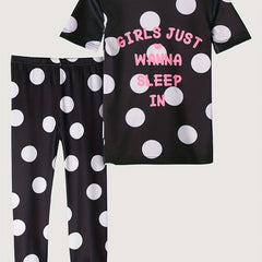 Girl's Polka Dot Pajama Set, Short Sleeve Top & Long Pants
