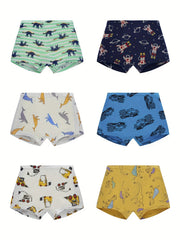 6pcs Boys Boxer Briefs Dinosaur Car Print Soft Comfortable Underwear