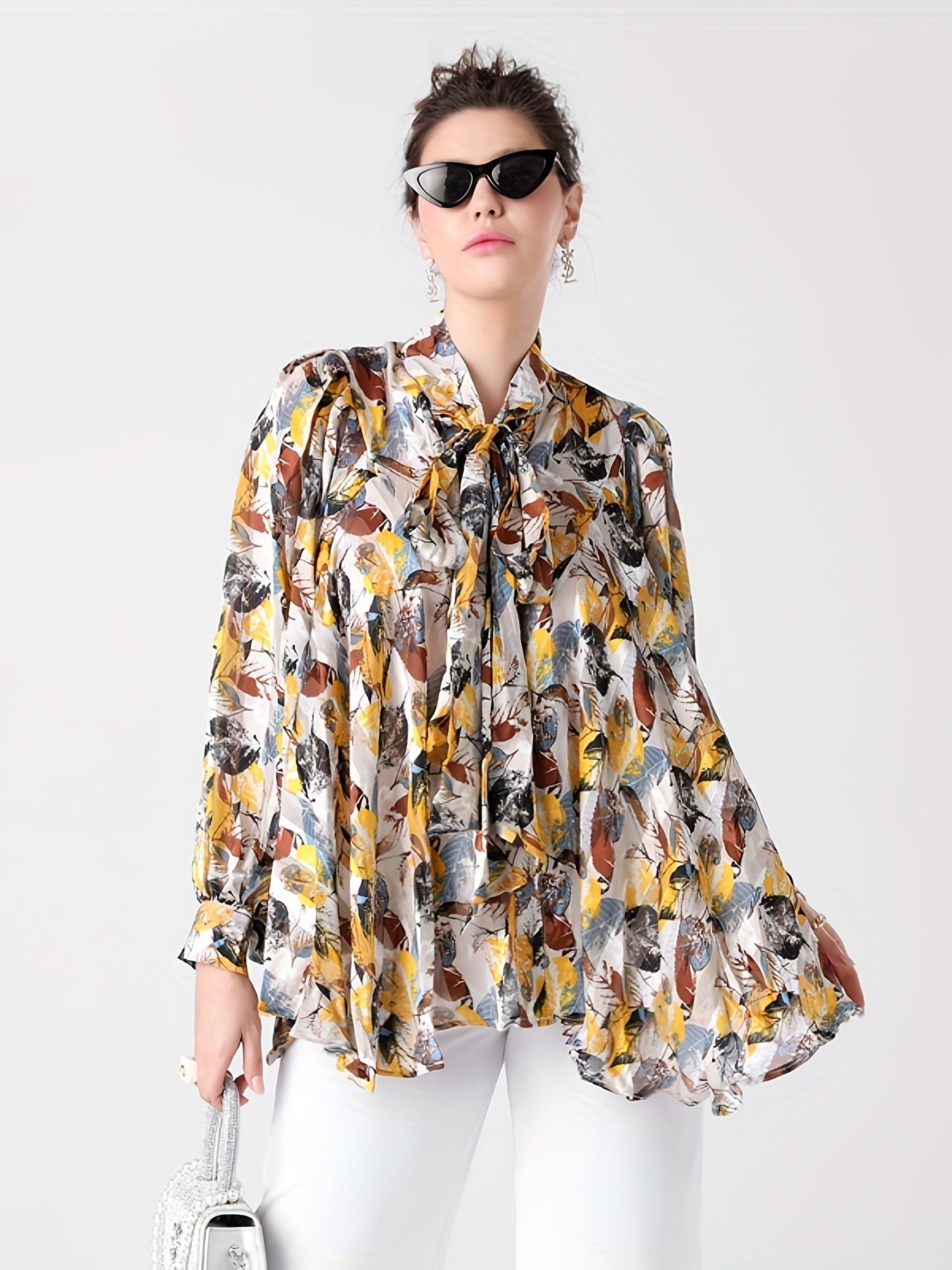 Vacay Blouse Women's Plus Leaf Print Lantern Sleeve Blouse