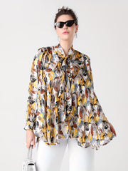 Vacay Blouse Women's Plus Leaf Print Lantern Sleeve Blouse