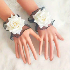 Rose Decor Lace Wrist Cuffs Ruffles Lace Pleated Horn Cuffs