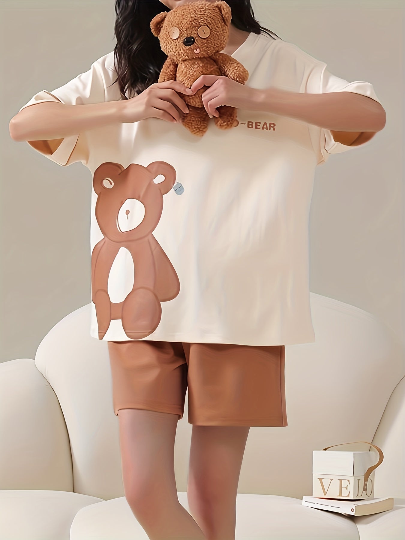 Bear Print Pajama Set Short Sleeve Crew Neck Top & Shorts Women's Sleepwear