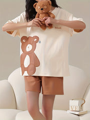 Bear Print Pajama Set Short Sleeve Crew Neck Top & Shorts Women's Sleepwear