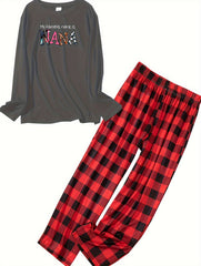 Plus Size Lounge Set Women's Slogan Print Tee & Plaid Pants Pajamas