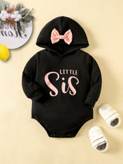 Baby Girls Bow Hooded Romper LITTLE SIS Print