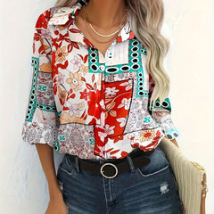 Casual Blouse Women's Plus Scarf & Floral Print Button Up