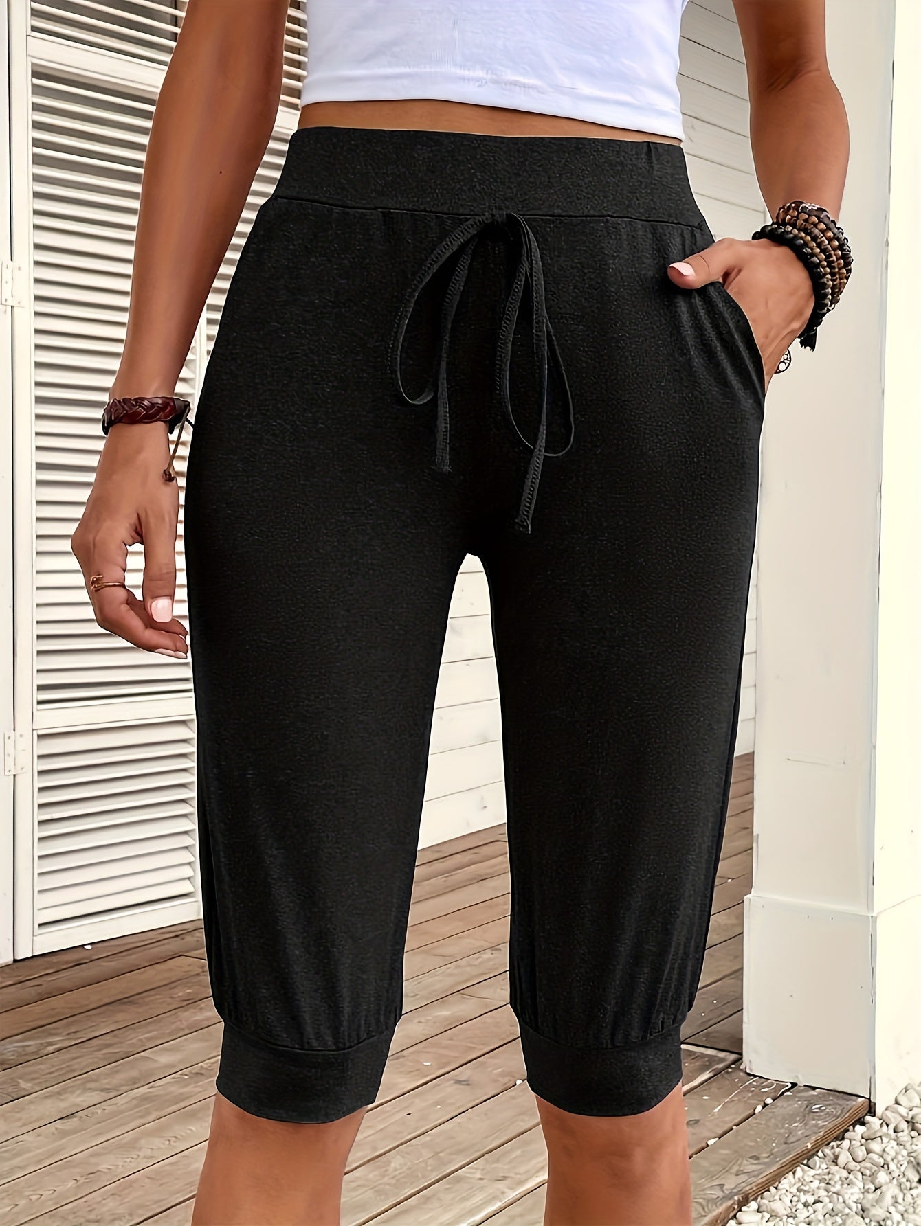 Solid Drawstring Shorts Casual Workout Knee Length Shorts