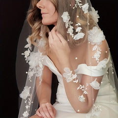 Floral Veil for Bridal Attire 100 Polyester Flower Embellished Wedding Head Veil