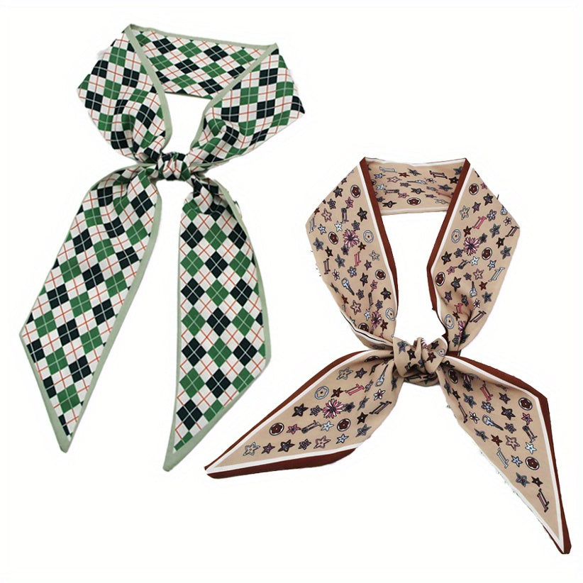 2pcs Green & Coffee Skinny Scarf Plaid Print Ribbon Neckerchief Bowknot Twilly
