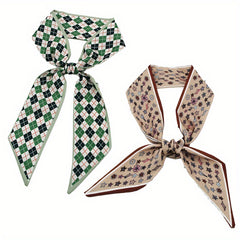 2pcs Green & Coffee Skinny Scarf Plaid Print Ribbon Neckerchief Bowknot Twilly