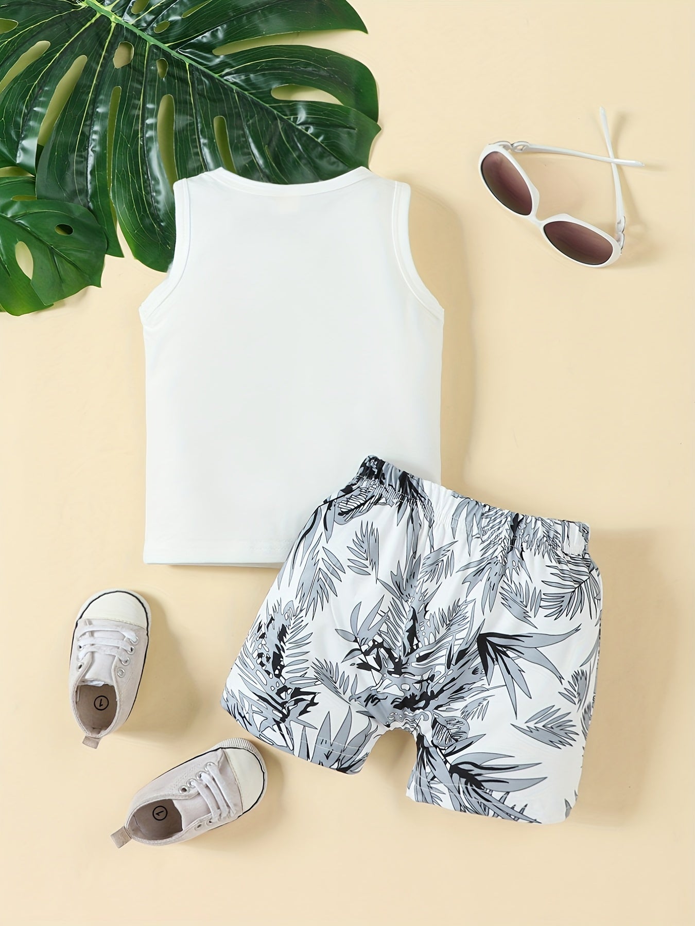 Baby Girls Leaf Print Tank Top & Shorts Set for Summer Beach