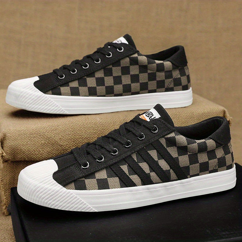 Men's Canvas Low Top Sneakers Lace up Checkered Walking Shoes