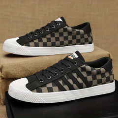 Men's Canvas Low Top Sneakers Lace up Checkered Walking Shoes
