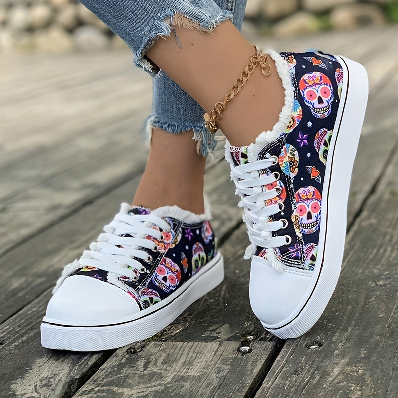 Women's Flat Canvas Sneakers Halloween Skull Pattern Low Top Shoes