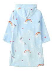 Girls Unicorn Rainbow Hooded Bathrobe Soft Warm Pockets Belt Robe Pyjamas