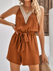 Guipure Lace Tie Waist Romper Casual Sleeveless V neck Romper Jumpsuit