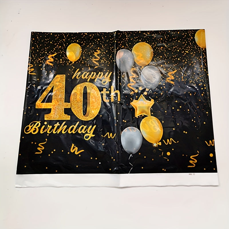 Golden Happy 40th Birthday Tablecloth With Balloons Star Print