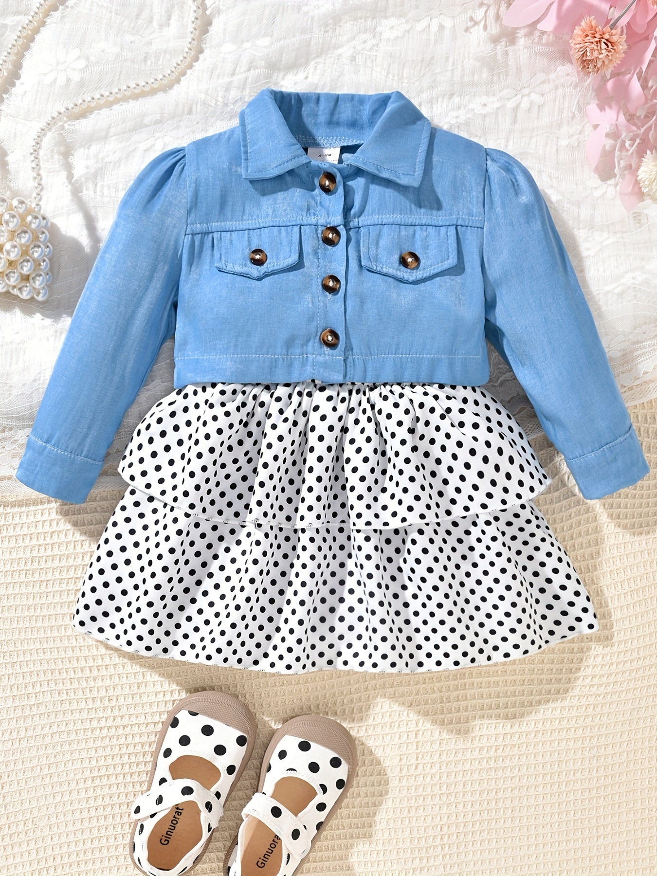 Baby Girls Denim Shirt Cardigan Polka Dot Dress Set