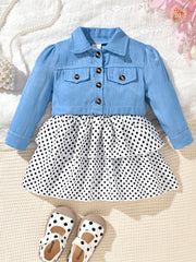 Baby Girls Denim Shirt Cardigan Polka Dot Dress Set
