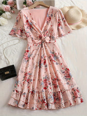 Floral Print Short Sleeve V Neck Dress