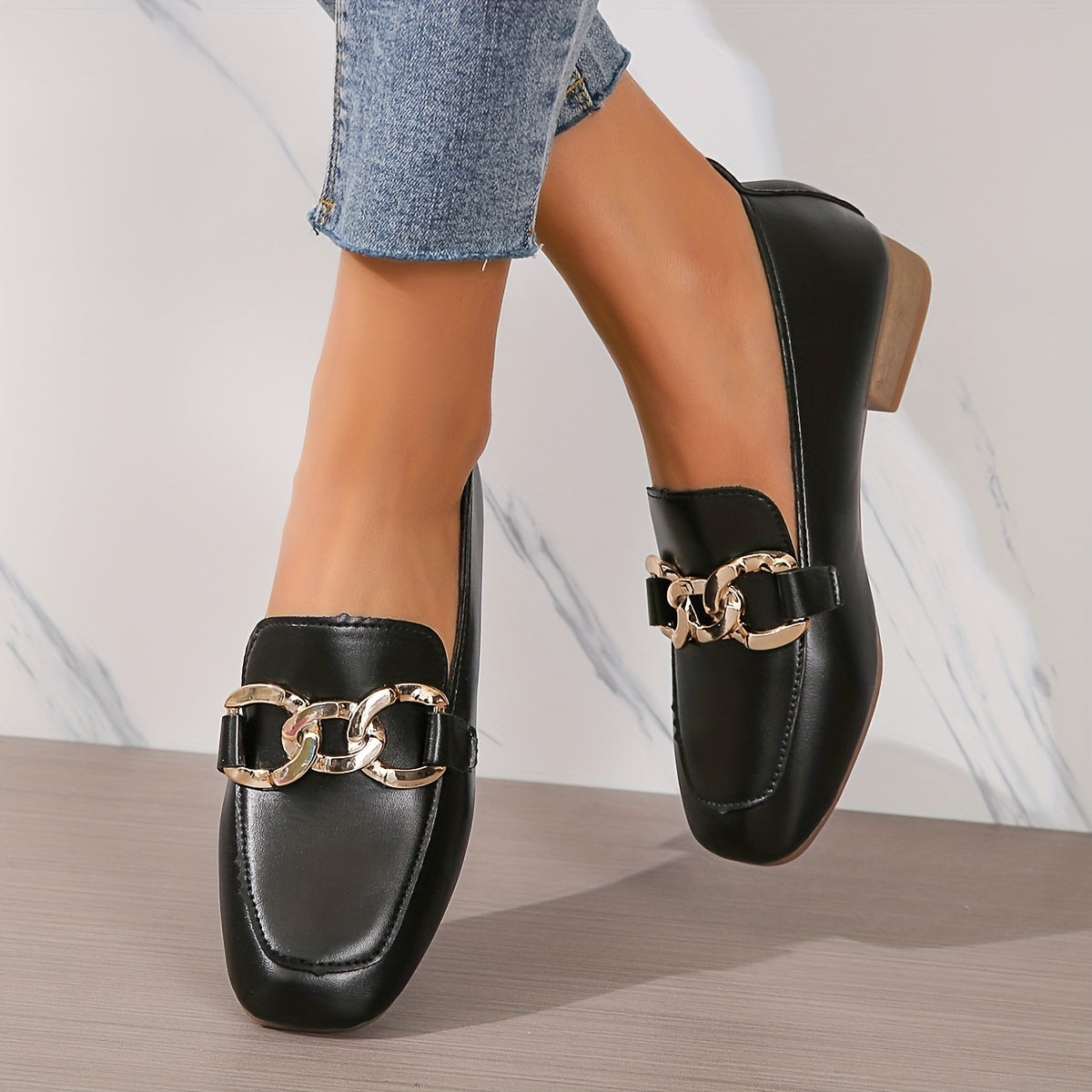 Square Toe Loafers with Metallic Buckle Decor Slip On Flats