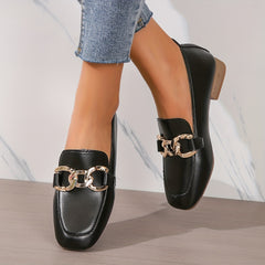 Square Toe Loafers with Metallic Buckle Decor Slip On Flats