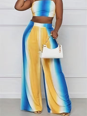 Women's Ombre Print Tie Back Crop Cami Top & Wide Leg Pants Set