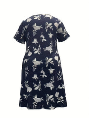 Women's Plus Floral Print Short Sleeve Round Neck Knee Length Dress