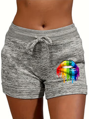 Lip Print Drawstring Shorts For Women