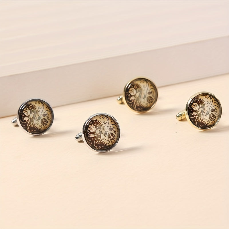 Round Engraved Rose Pattern Cufflinks for Women and Men