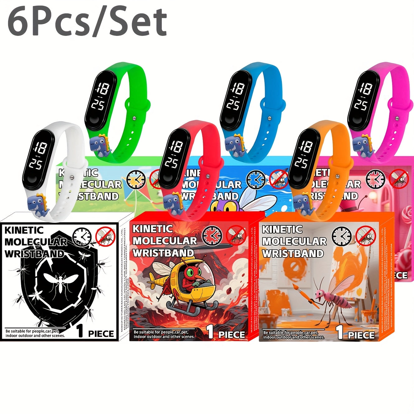 Small Dinosaur Electronic Mosquito Repellent Bracelets Set of 6