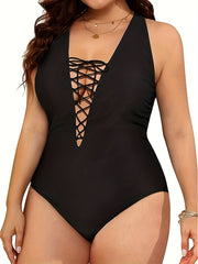 Lace Up V Neck Backless One Piece Swimsuit