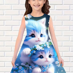 Girls Cat Graphic Sleeveless Dress for Summer