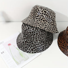 Leopard Print Reversible Bucket Hat PU Leather Waterproof Hip Hop Suns