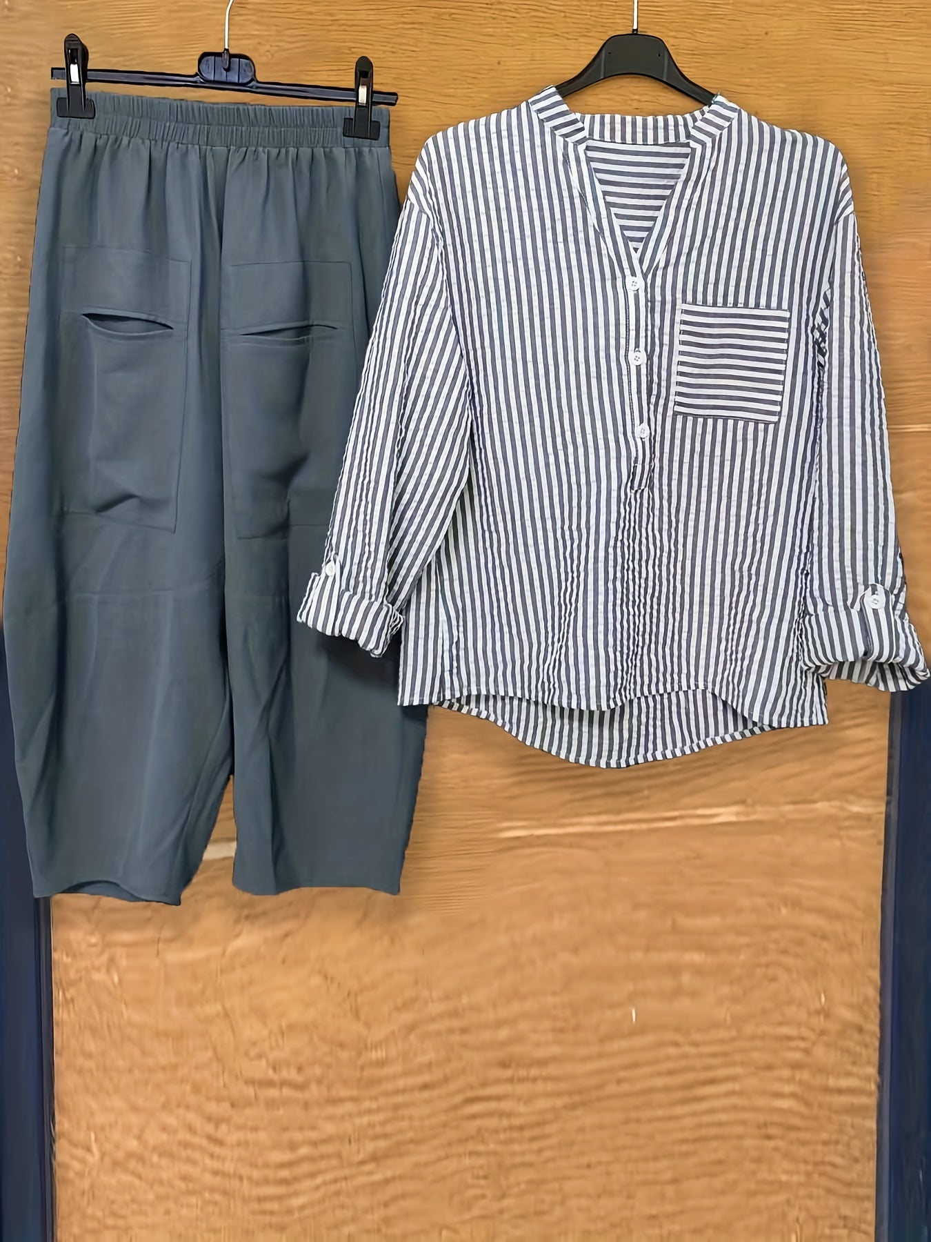 Striped Print Button Blouse & Wide Leg Pants Set