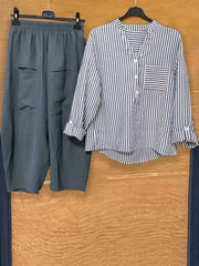 Striped Print Button Blouse & Wide Leg Pants Set