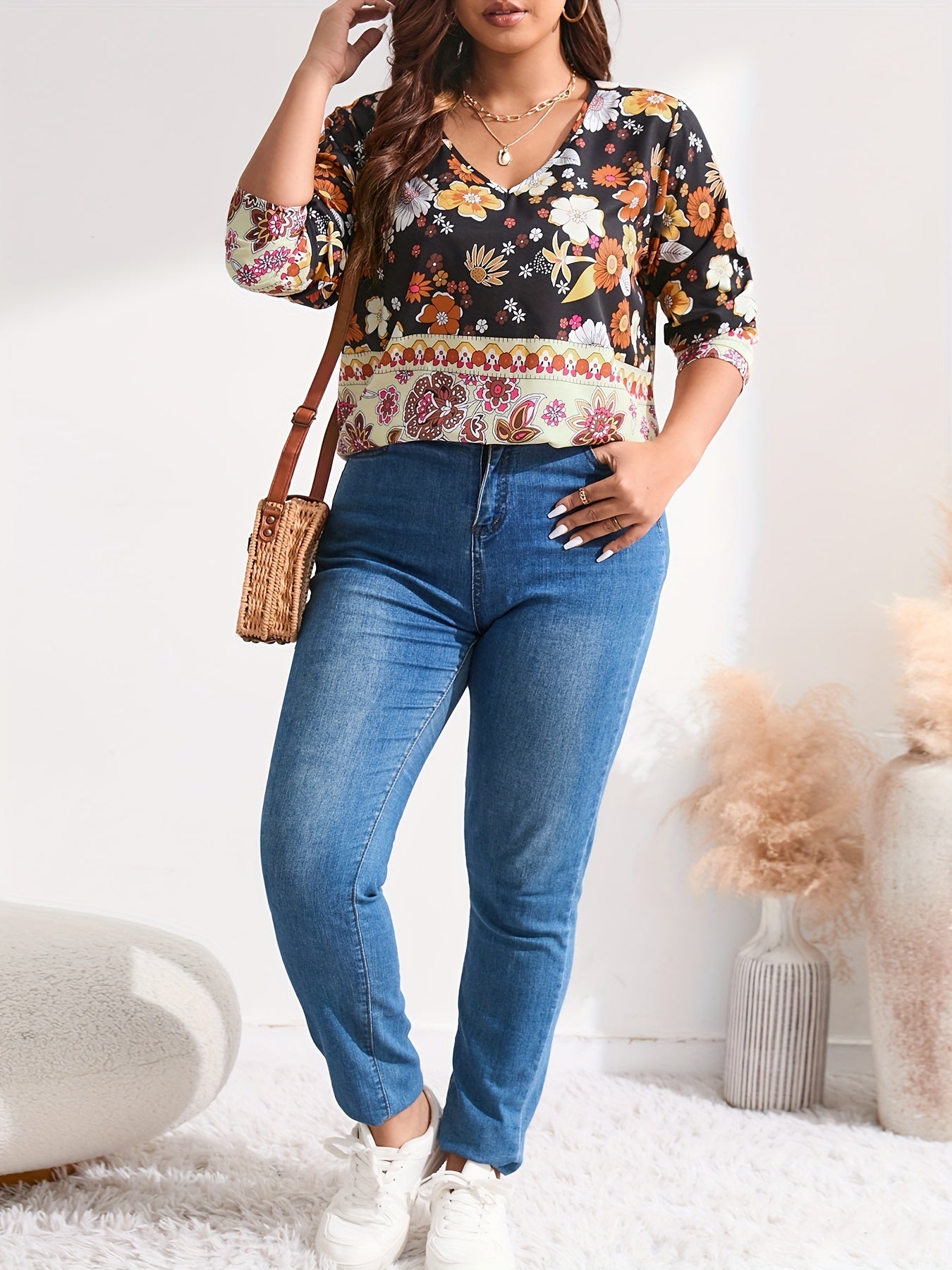 Boho Blouse Patchwork Print Long Sleeve V Neck Shirt Top