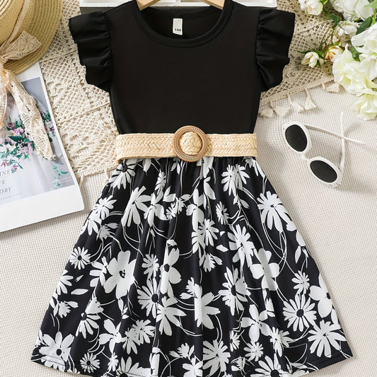 Toddler Girls Butterfly Sleeves Flowers Graphic Belted Princess Dress