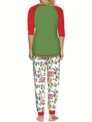 Christmas Cartoon Cat Print Lounge Set Long Sleeve Top & Pants Women's Pajamas