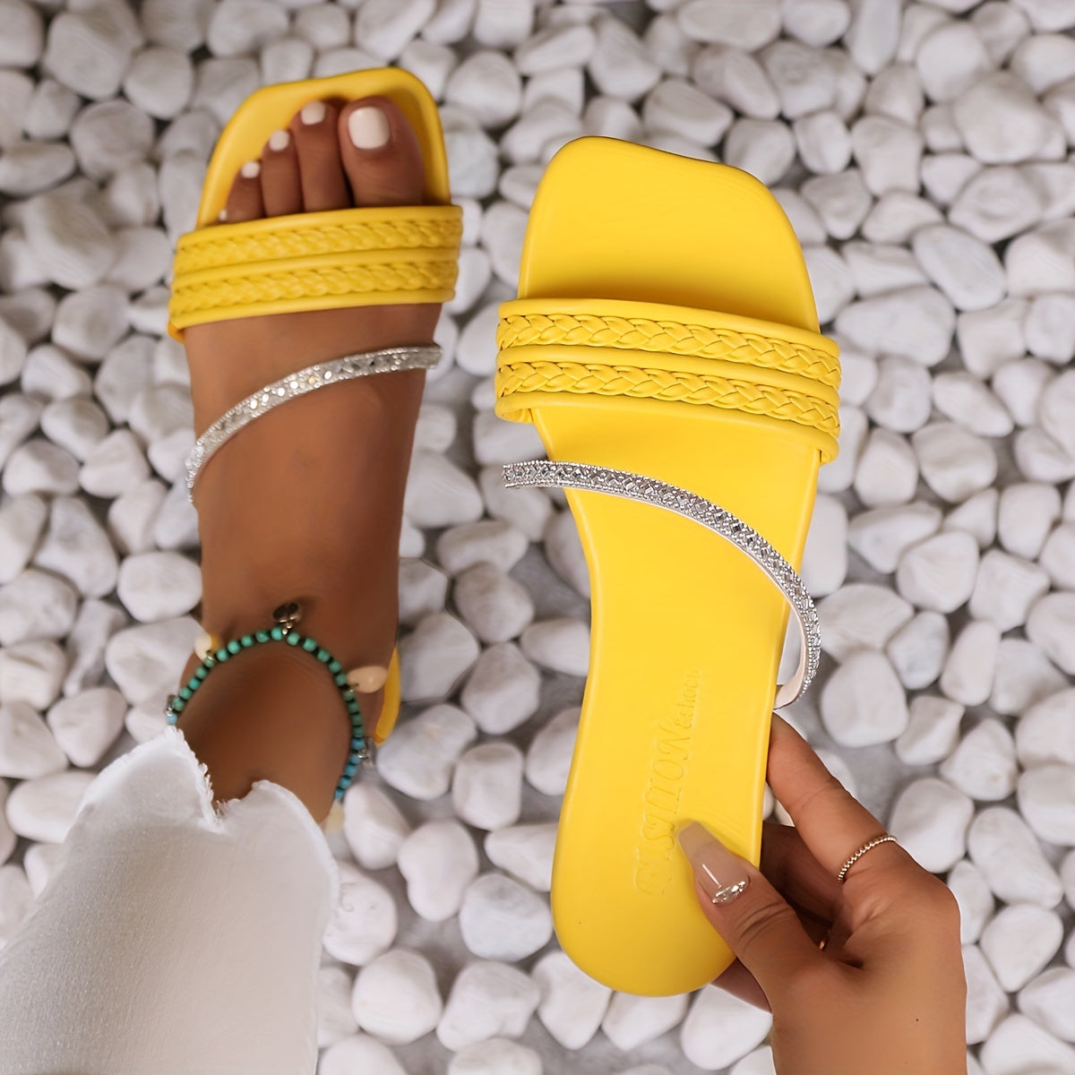 Women's Rhinestone Decor Slide Sandals Casual Flat Shoes Lightweight