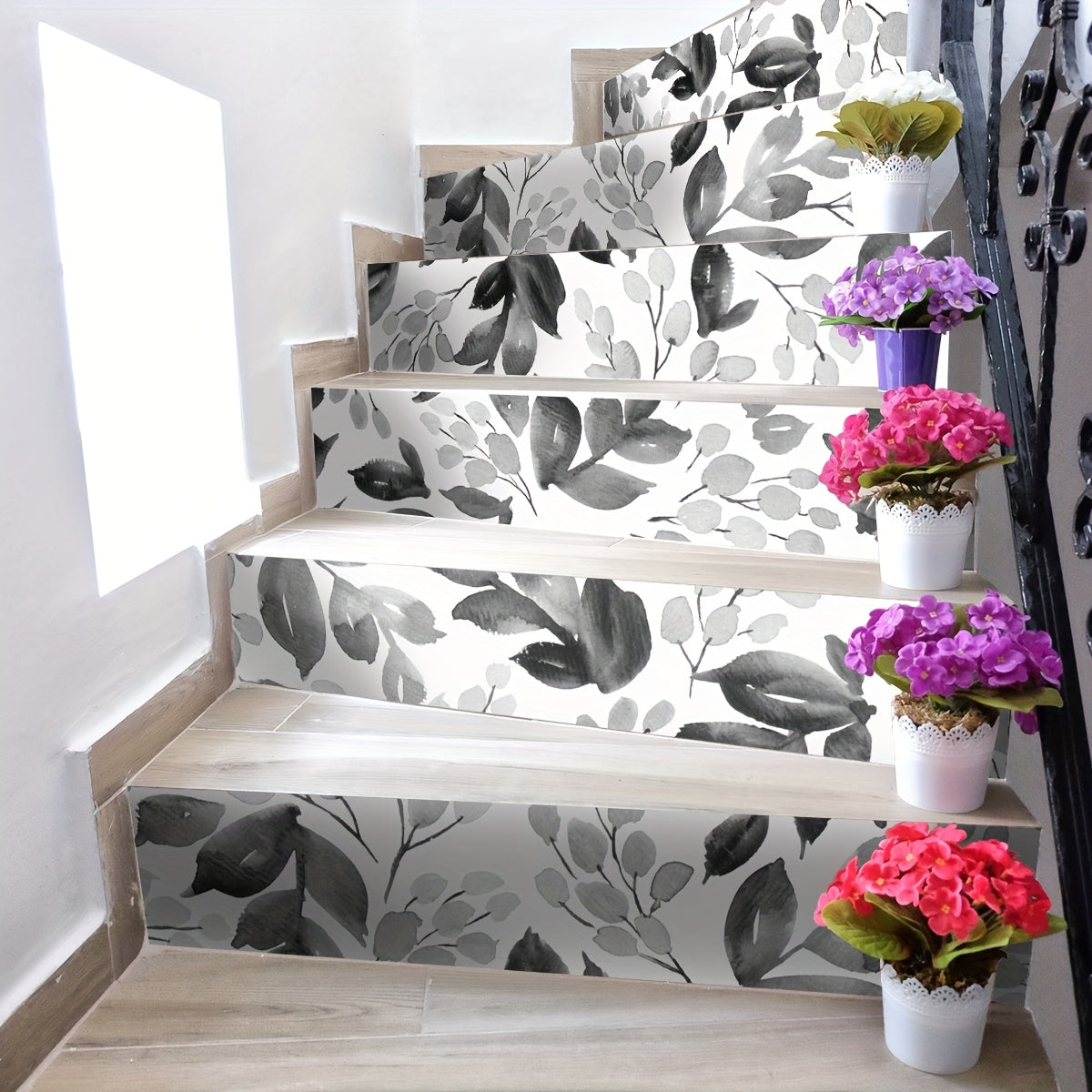 6pcs Watercolor Big Flower Stair Stickers Self adhesive Wallpaper