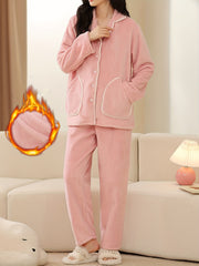 Fuzzy Pajama Set Long Sleeve Top & Elastic Waistband Pants Women's Sleepwear
