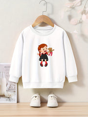 Anime Girl & Bear Doll Print Girls Sweatshirt Long Sleeve Crew Neck Tops