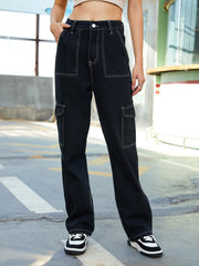 High Rise Cargo Denim Pants Straight Leg Jeans