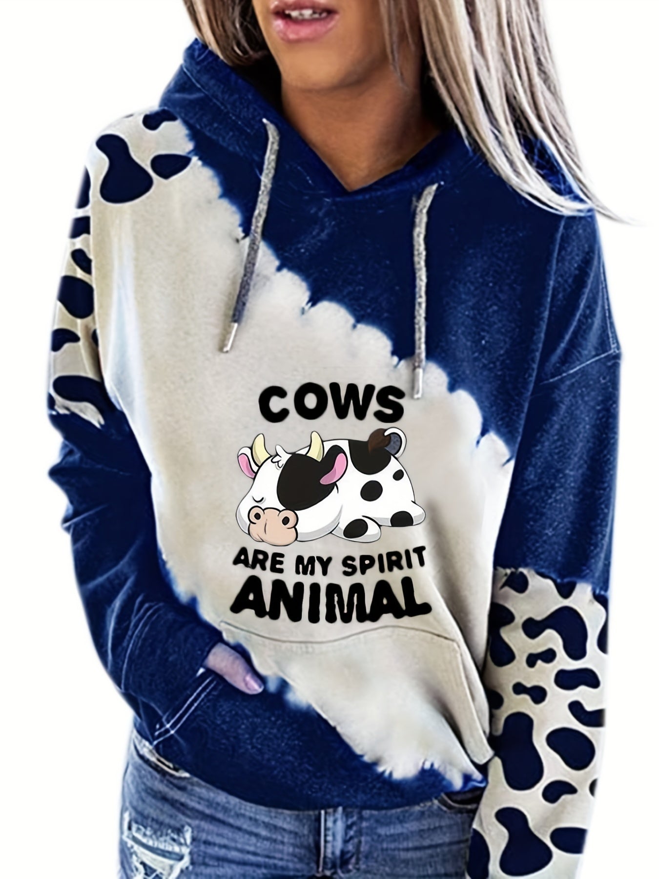 Cow Print Kangaroo Pocket Hoodie Long Sleeve Hoodies Sweatshirt