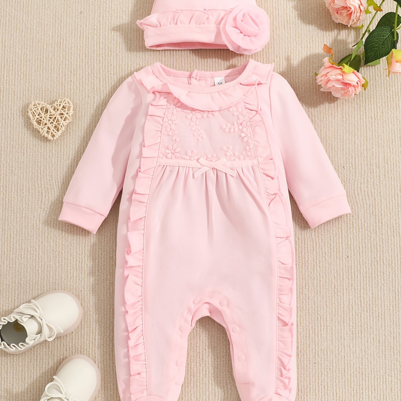 Baby Girls Cotton Footies Footed Jumpsuit Hat Ruffle Long Sleeve Romper